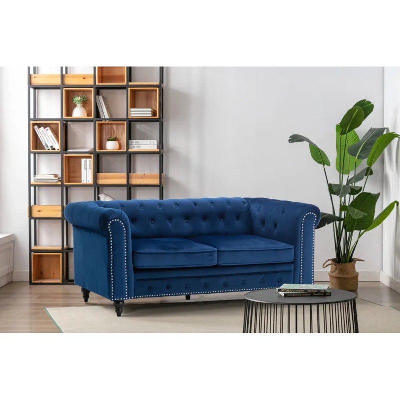 Canapé Chesterfield en velours à accoudoirs roulés 71,5 po Crimins, Bleu velours