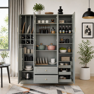 Modern 53.2" Large Kitchen Pantry Cabinet, Freestanding Storage Cupboard with 6 Doors, Adjustable Shelves, Drawers, Pull-Out Trays and Wine Rack