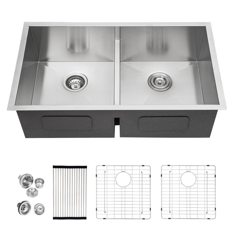 36" L x 19" W Stainless Steel Undermount 50/50 Double Bowl Kitchen Sink with Low Divider, Sink Grid, Strainer & Roll-Up Rack