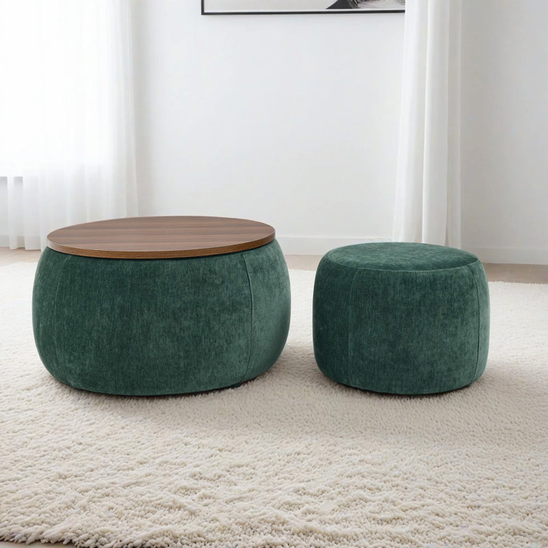 Repose-pieds rond avec rangement, fonction de table de bout, petit siège, vert (25 po x 25 po x 14,7 po) | Idée cadeau, Vert
