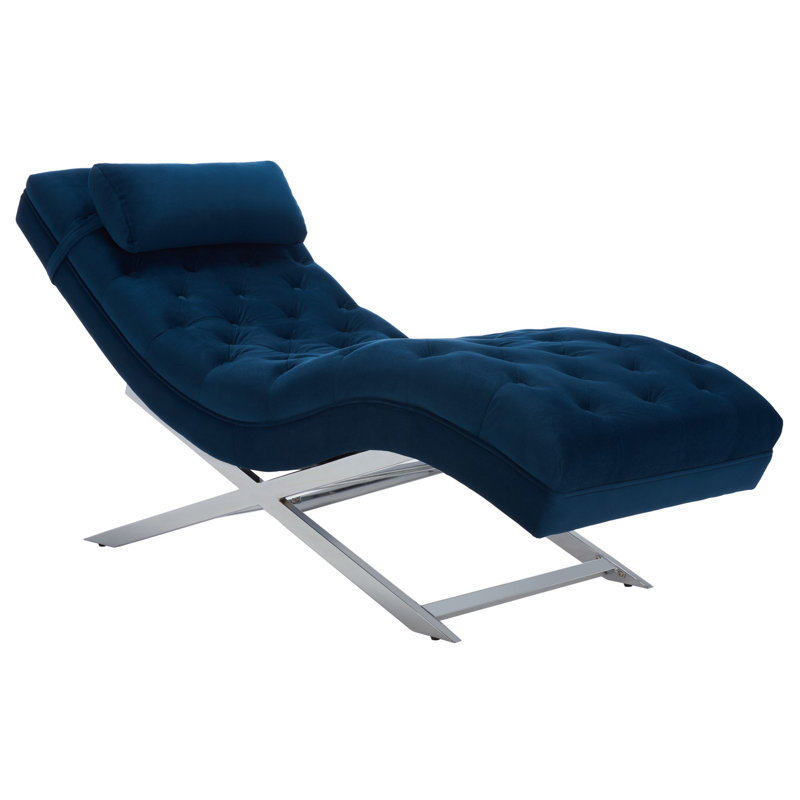 Chaise longue sans accoudoirs capitonnée Mabella, Velours marine, Chrome