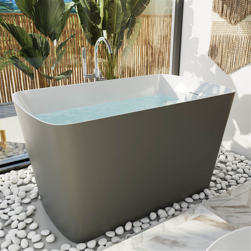 46.85'' x 27.3'' Freestanding Rectangular Soaking Small Acrylic Bathtub with Chrome Drain and Overflow, Gray