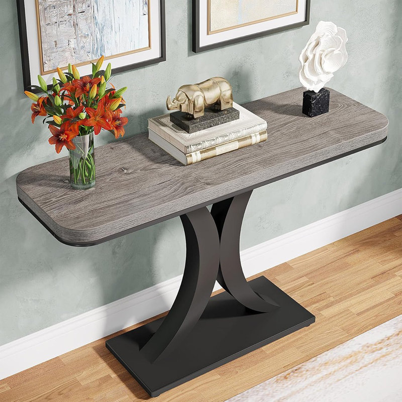 39.37" Console Table for Entryway, Living Room, Gray Top/Black Base