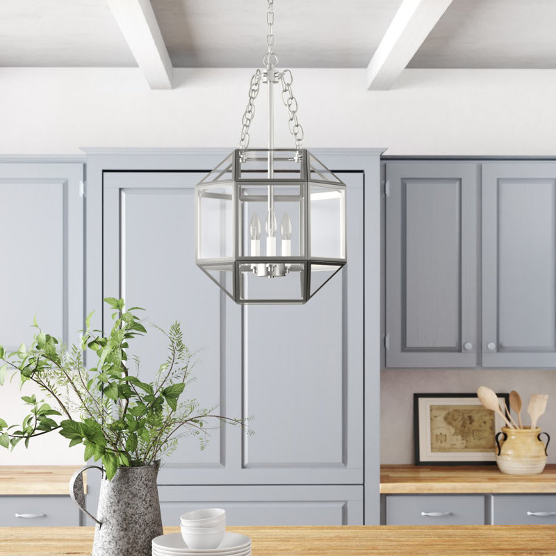 Reid 3 - Light Lantern Pendant, 27.25" H x 18.5" W x 18.5" D, Brushed Nickel, Clear