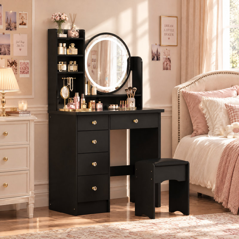 31.5" Makeup Vanity Set with 3-Color Lighted Mirror, 5 Drawers and Upholstered Stool