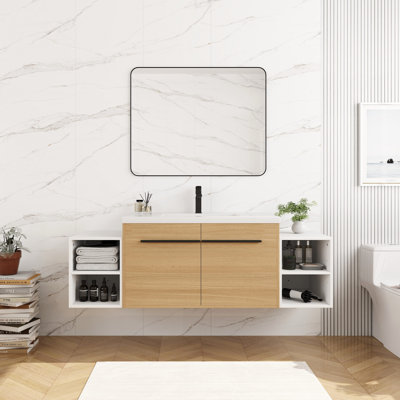 Meuble-lavabo mural avec lavabo de comptoir en résine et 2 tablettes de rangement, 2 portes à fermeture douce