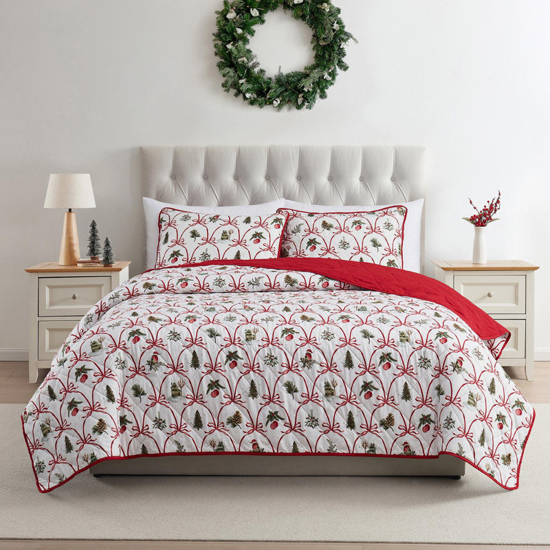VCNY Home Multi Christmas Bow Microfiber Quilt Set, King, King Quilt + 2 King Shams