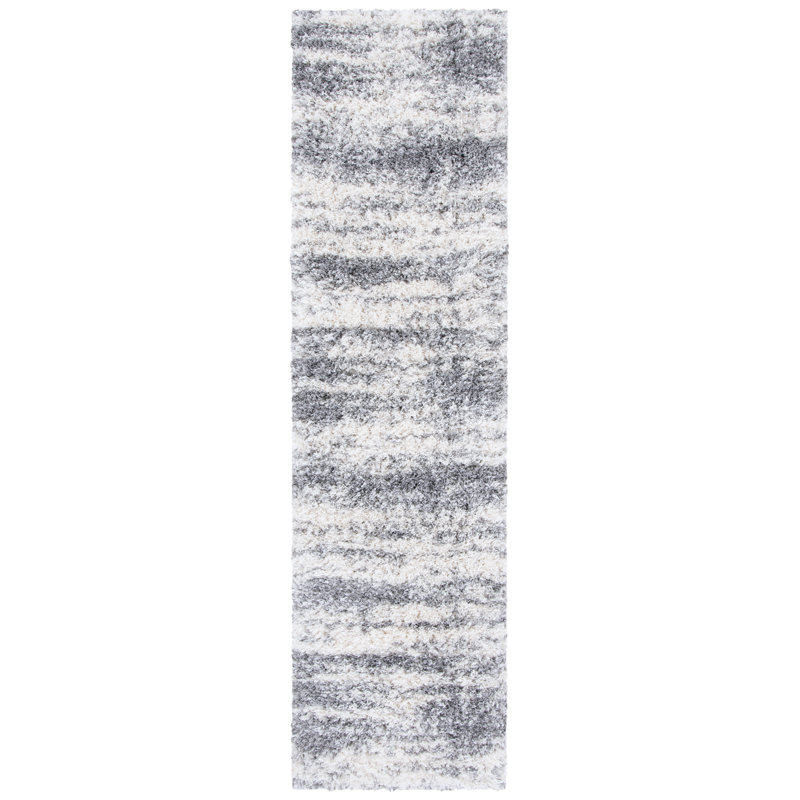 Ivory and Grey Hand-knotted Shag Runner Rug