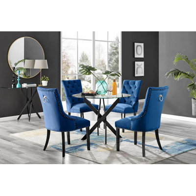 Tierra Sleek Metal and Glass 4 Seat Round Dining Table Set with 4 Luxury Faux Leather Dining Chairs