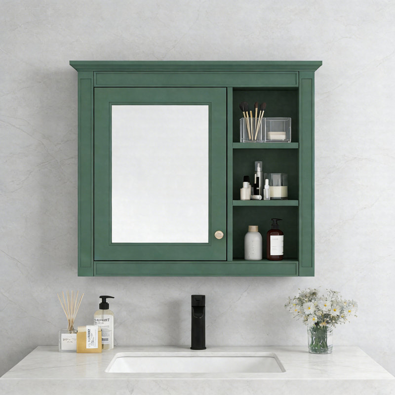 Armoire à pharmacie murale 30 po x 28 po avec miroir, 3 tablettes ouvertes, armoire de rangement moderne, Vert