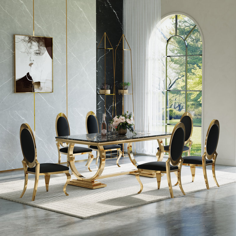 7-Piece Dining Set with Faux Marble Tabletop and Stainless Steel Chairs – Modern Dining Table Set for 6, Black/Gold/Black