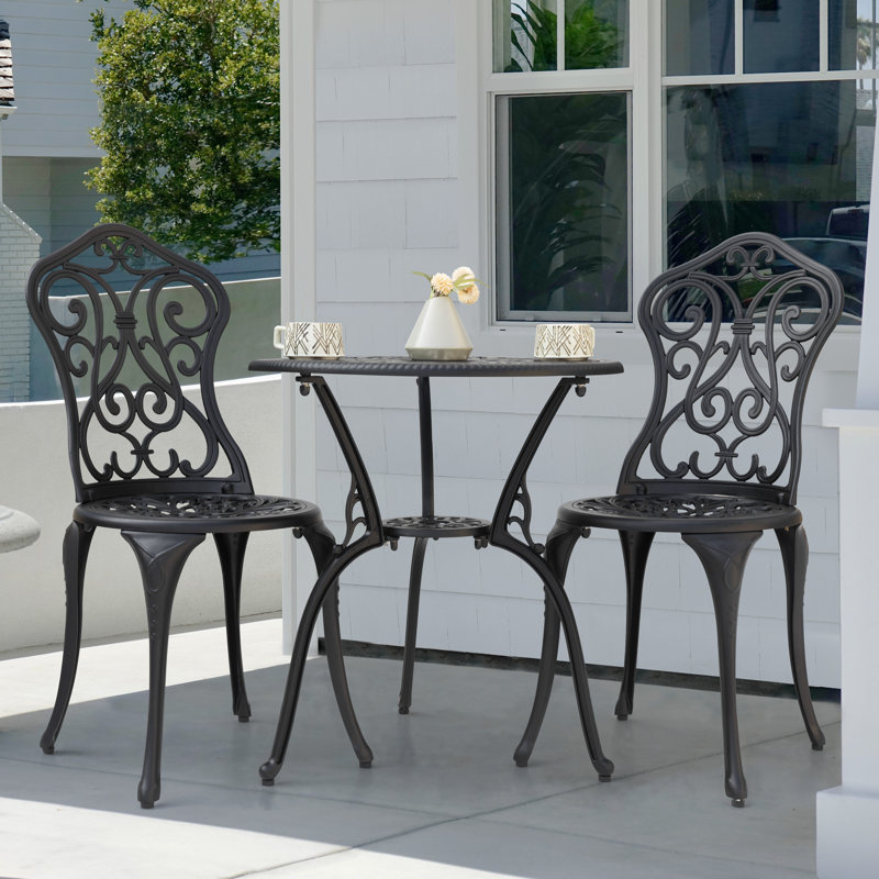 Outdoor 3 Pieces Patio Bistro Set with 2 Chairs, Round Table with Umbrella Hole, All-Weather Outdoor Patio Bistro Set for Garden, Black