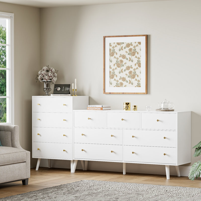 Commode à 4 tiroirs Burt, grande commode avec poignée dorée pour chambre à coucher, Blanc
