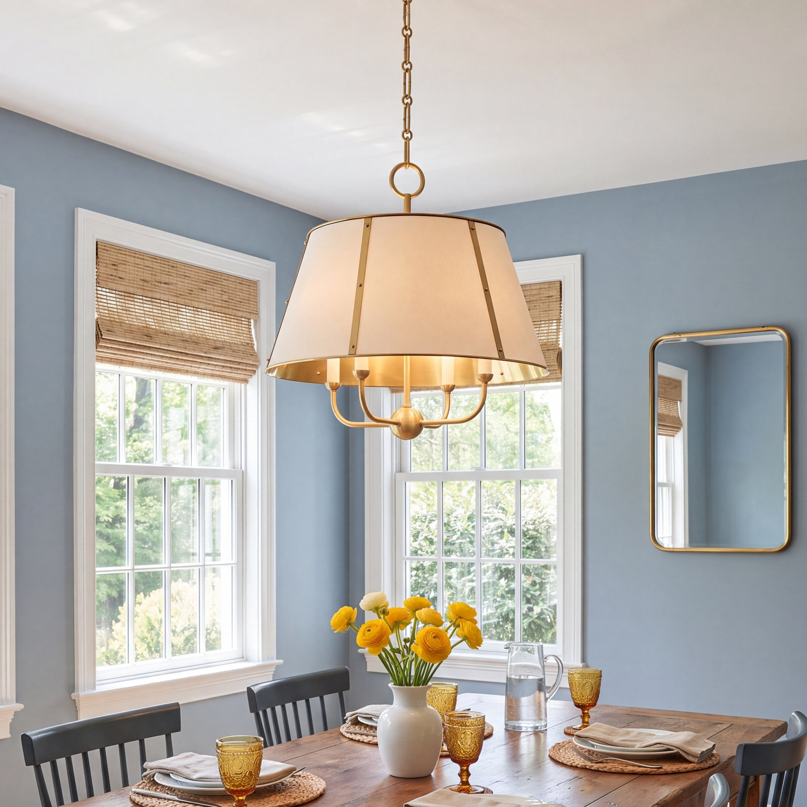 Cambridge Stainless Steel 4-Light Chandelier, Aged Brass/Darkest Blue