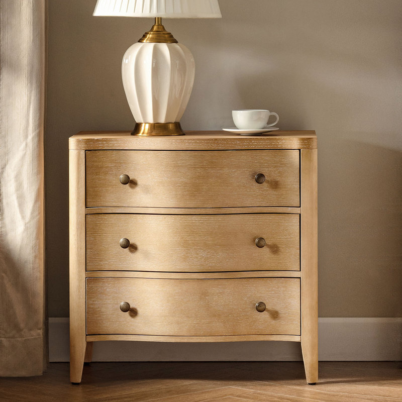 Elfine Modern 27''W 3-Drawers Curves Nightstand with Built-In Charging Station, Natural