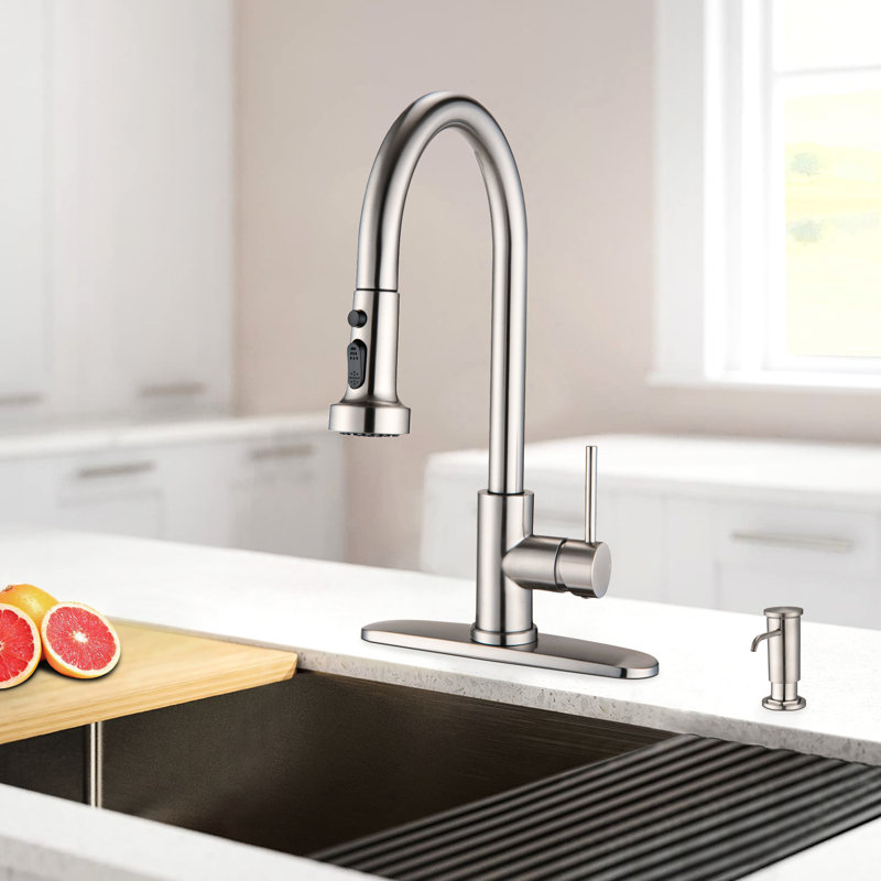 Brushed Nickel Stainless Steel Faucet For Kitchen With Soap Dispenser - To Scratches, Rust, And Spots, 360 Swivel Function Pull Down In Spout, Scratchproof, Rustproof, Spot Arc