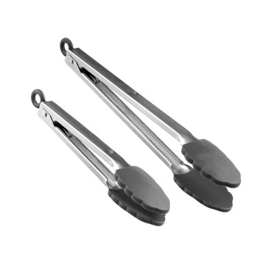 Restaurantware-Met Lux 9 And 12 Inch Kitchen Tong Set, 1 Dishwashable Food Tong Set - Scalloped Silicone Head, Grip Handle With Thumb Rest, Gray Stainless steel Tongs For Cooking, Easy-Pull Lock