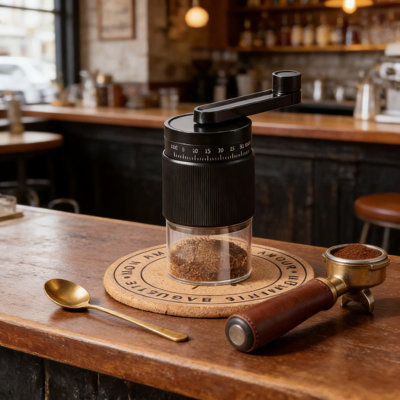 Moulin à café manuel avec moulin à meule conique et 18 réglages réglables - moulin à manivelle portable pour espresso, presse française, café turc, avec brosse et pelle de nettoyage