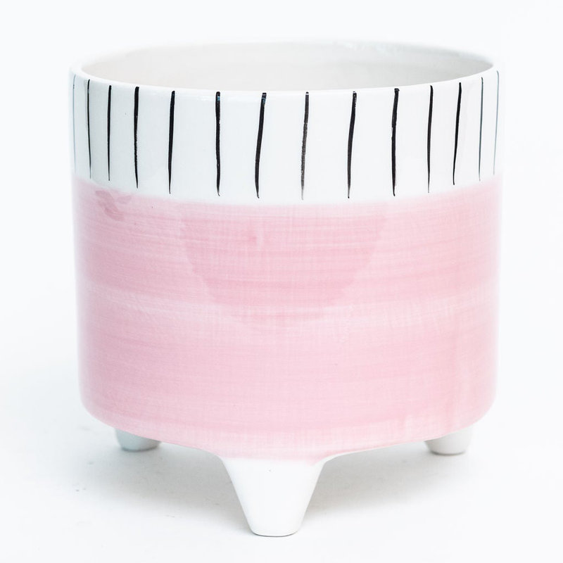 Footed Pink With White And Black Stripes Planter