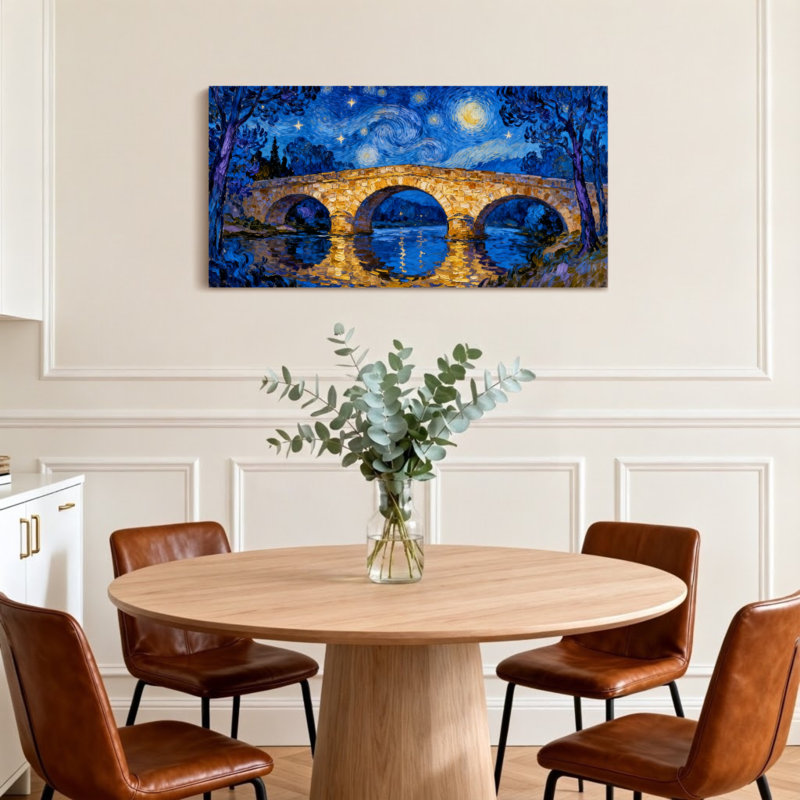 «Landscape & Nature Starry Night Bridge Reflection», peinture de paysage, H 28 po x l 58 po