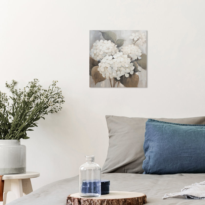 Impression sur toile, hortensias floraux et botaniques sous la pluie, campagne française