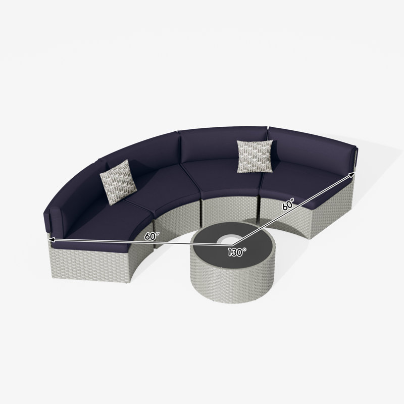 Ensemble de conversation courbé demi-lune pour 4 personnes avec table basse Meredithe, Bleu marine