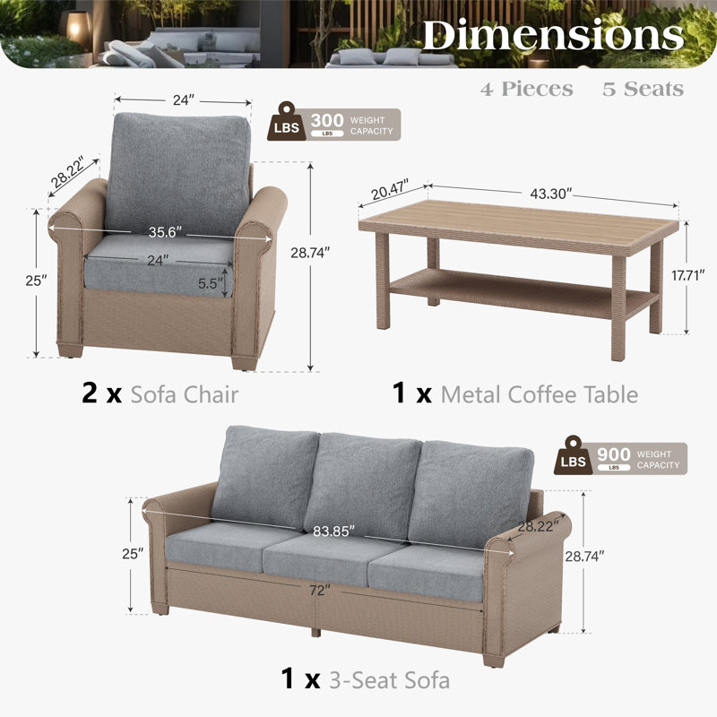 7-person Outdoor Patio Rattan Sofa, Gray, No