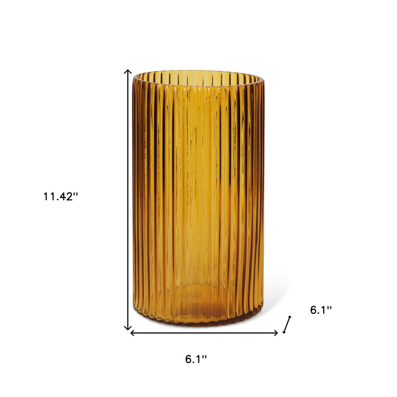 11" Amber Glass Ribbed Cylinder Table Vase, Amber, 11.42" H x 6.1" W x 6.1" D