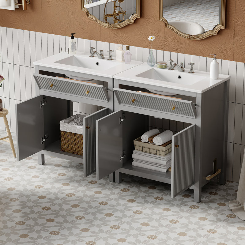 Meuble-lavabo moderne de 60 po avec lavabo en céramique séparé, rangement encastré à tiroirs, cabinet de rangement à cadre 60 po, conception multifonctionnelle