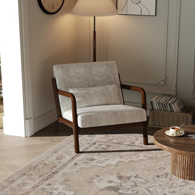 Chaise d'appoint Mid-Century moderne, fauteuil en chenille avec coussin lombaire, accoudoirs courbés, beige