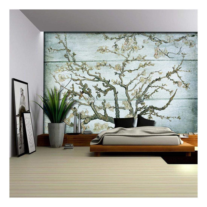 Almond Blossom Vincent Van Gogh, Floral Mural, Vintage Boho Removable Contact Paper, 144" W x 100" L, Gris verdâtre