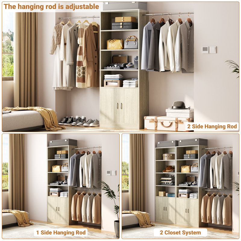 25" - 103" Closet System with Cabinets（Adjustable rod/clapboard）, Washed Oak