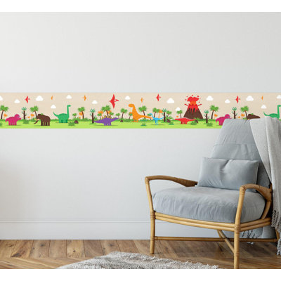 GB90160 Grace & Gardenia Colorful Dinosaurs Peel and Stick Wallpaper Border 10in Height x 15ft Long, Green Beige Orange Red