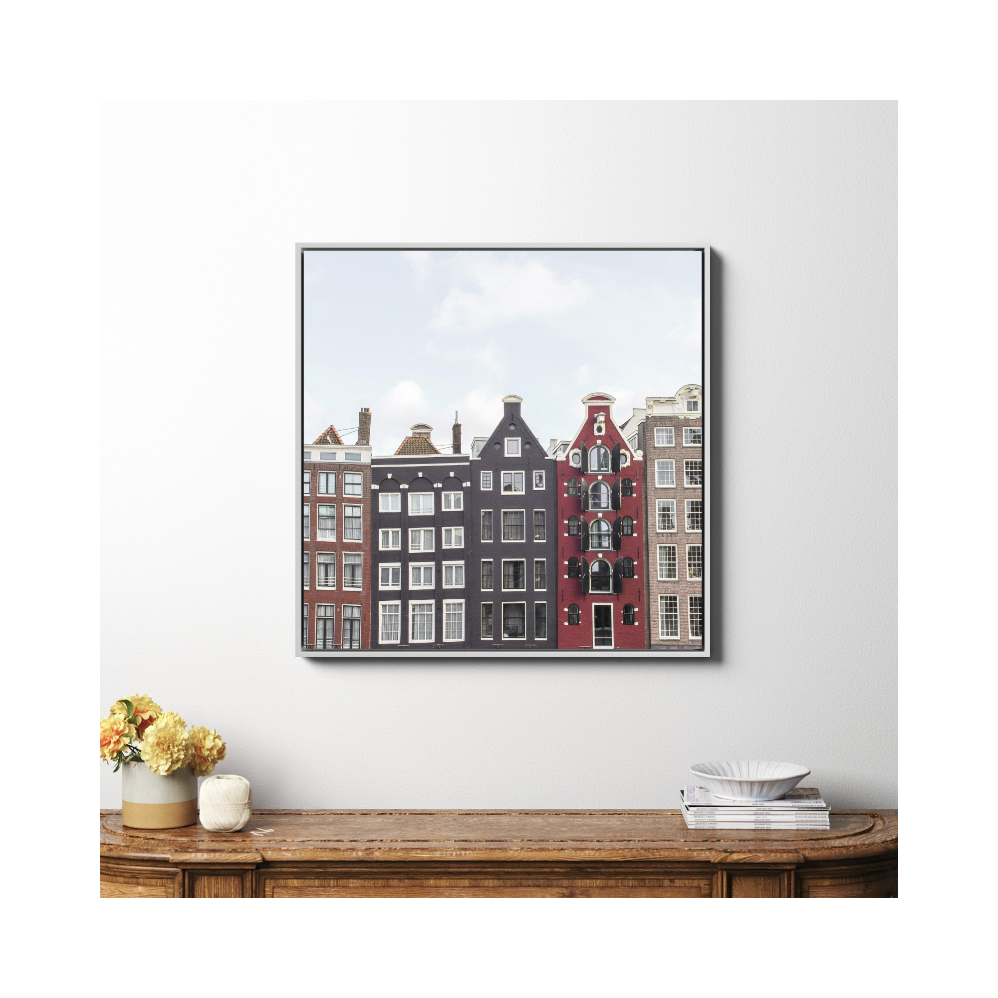 Typical Houses Of Amsterdam, White Framed Canvas, No, 36" H x 36" W x 2" D