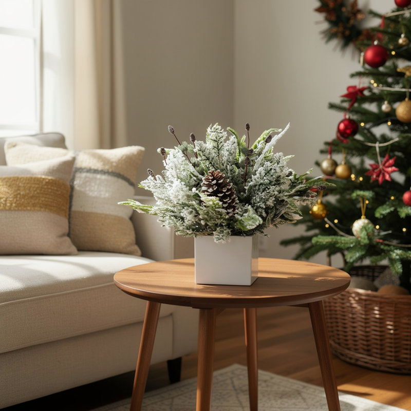 Snow Flocked Holiday Arrangement with Pinecones