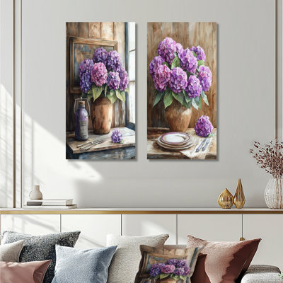 Hydrangeas Bouquet on the Farm Table I - Mauve Nature, impression d'art mural en métal, ensemble de 2