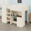 Structure de lit en bois avec garde-robe intégrée, bureau, tablettes de rangement et tiroirs-131273575