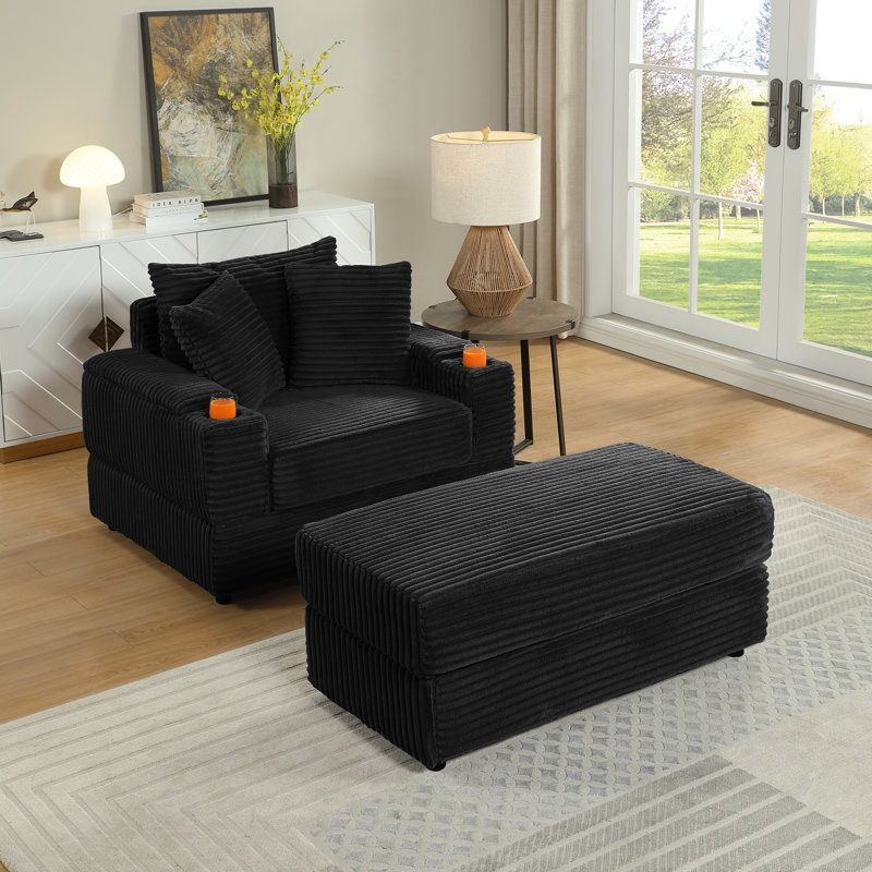 Canapé profond en velours côtelé avec pouf et coussins décoratifs – Canapé moderne et confortable pour se détendre au salon