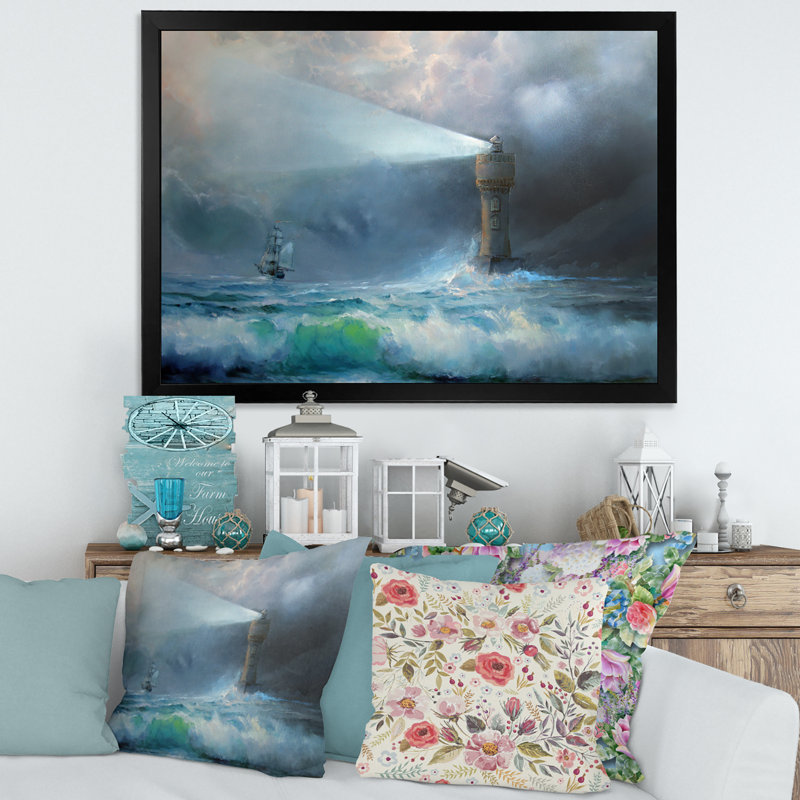 Phare brillant pendant la nuit orageuse II - peinture sur toile, Toile avec cadre noir, H 16 po x l 32 po x P 1,5 po