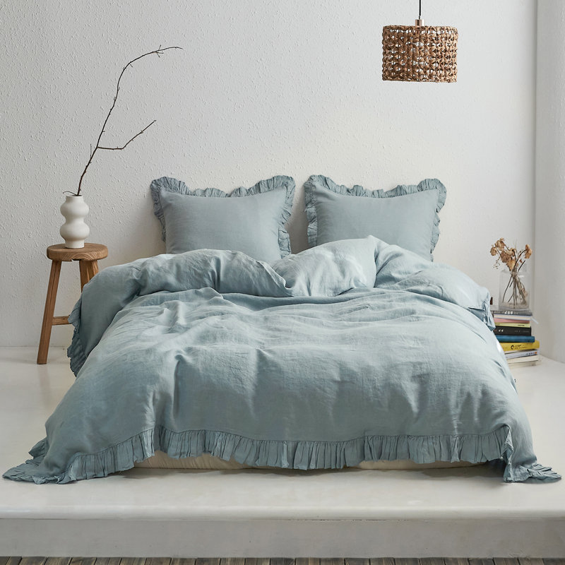 Linen Ruffled Duvet Cover Set, Dusty Blue, King Duvet Cover + 2 King Shams