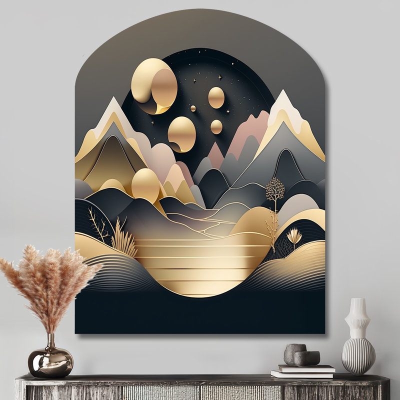 Dreamy Golden Mountain II - Décoration murale abstraite en forme d'arche en marbre, H 43 po x l 33 po