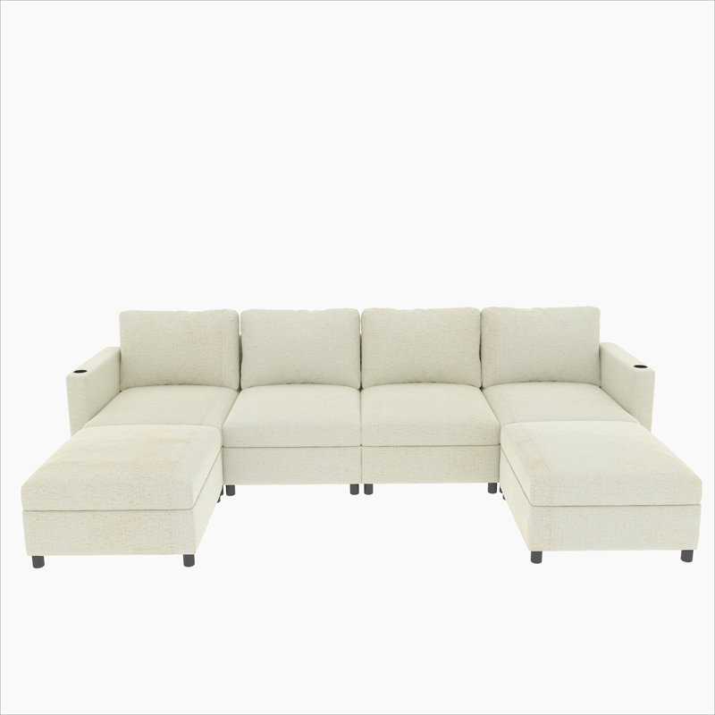 Modern Large Sectional Sofa, U-Shape Modular Sectional Couch With Storage Function, Antique White Fabric