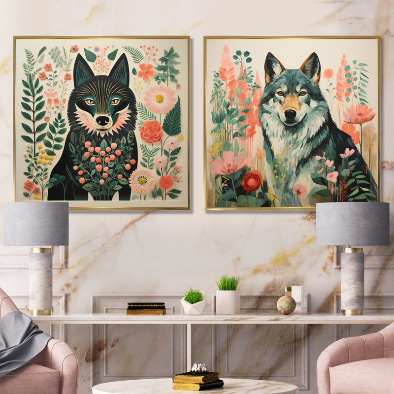 «Pink and Green Boho Wolf Portrait I», ensemble d'art mural sur toile loup, Cadre flottant doré, H 30 po x l 61 po x P 1 po