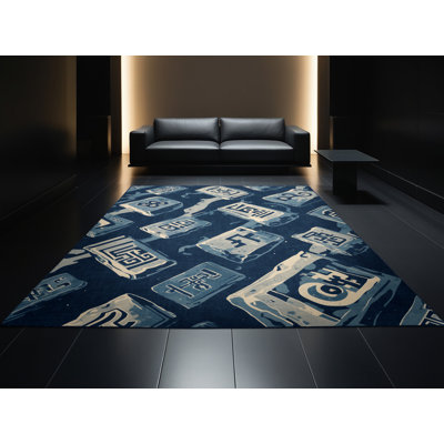 Tapis bleu à motif de blocs d'inspiration mondiale Warmley Rune Stones