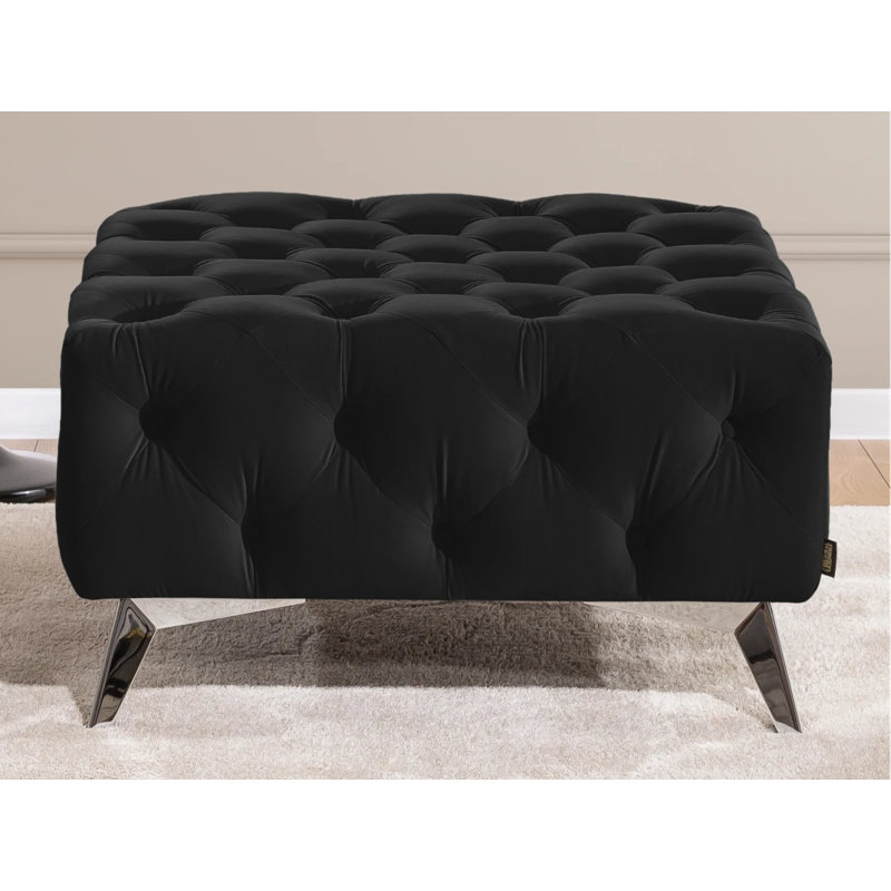 Whitby 80cm Wide Velvet Tufted Square No Pattern Footstool Ottoman, Black, Chrome