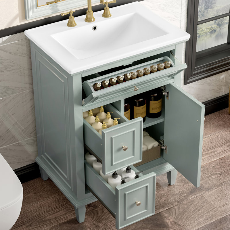 Meuble-lavabo 24 po avec lavabo, meuble-lavabo avec un tiroir rabattable et deux tiroirs, tablette réglable, bois massif et panneau de fibres à densité moyenne, vert