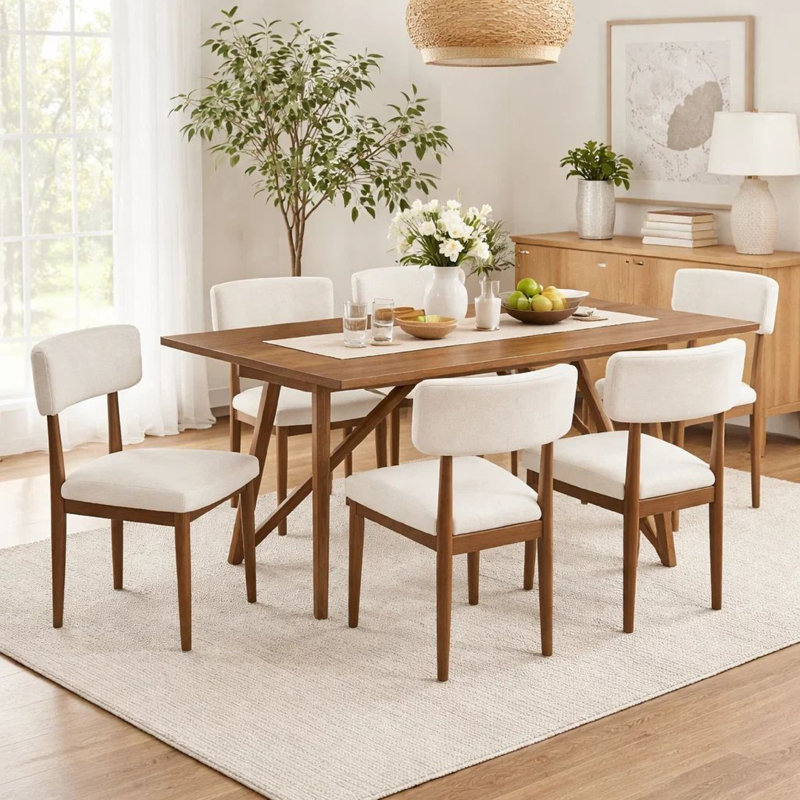 Ensemble de salle à manger 7 pièces Meny, chaises en sherpa beige, plateau en chêne noyer de 70 pouces