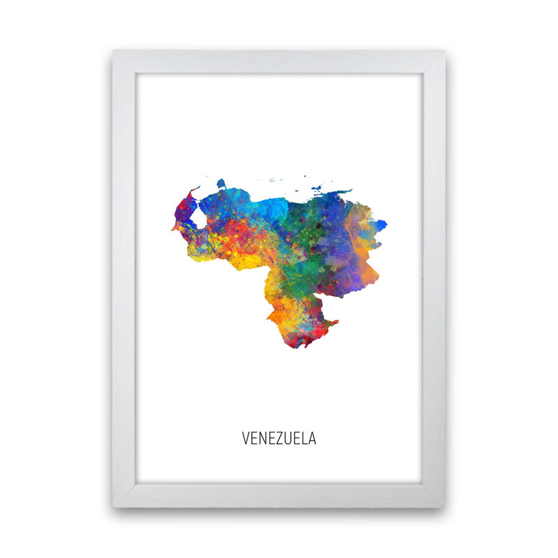 Venezuela Watercolour Map by Michael Tompsett - Print, White Framed, 88cm H x 64cm W x 3cm D