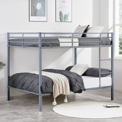Full Over Full Low Profile Metal Bunk Bed with Ladder, Heavy Duty Grey Bunk Bed Frame for Kids, No Box Spring Needed, Space-Saving Design for Small Rooms