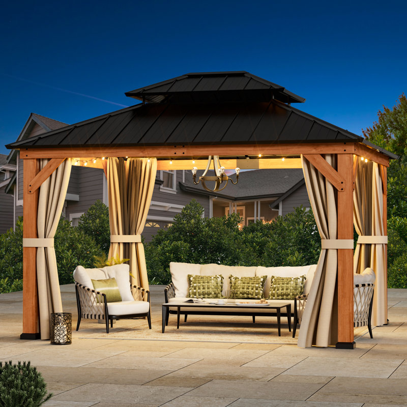 Pavillon de jardin en bois de cèdre de qualité supérieure 11 pi x 13 pi en bois de cèdre avec moustiquaire et rideaux, pavillon à toit rigide en acier galvanisé à 2 niveaux